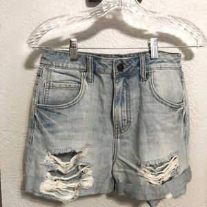Distressed light wash denim shorts